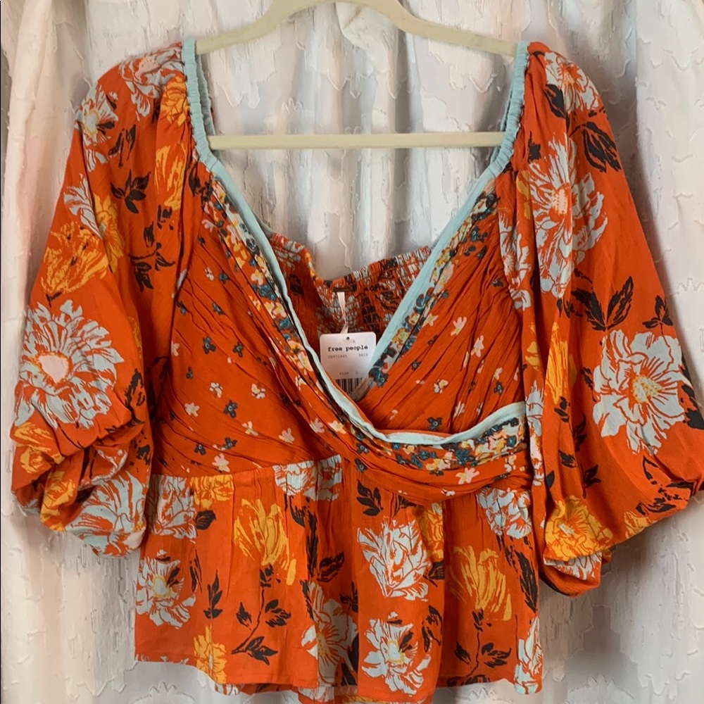 Free People Orange and White Floral Blouse